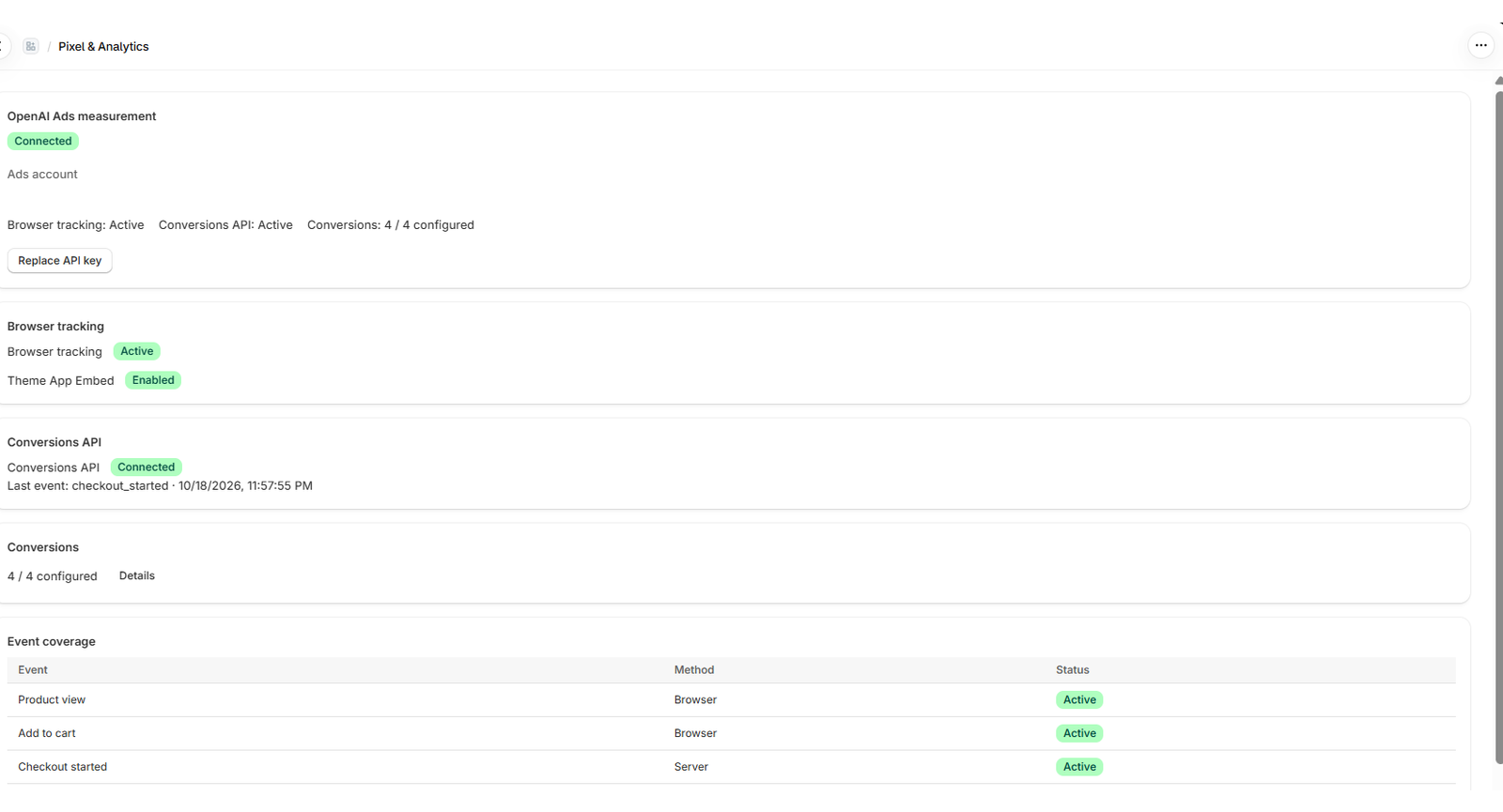 Pixel and Analytics connection status
