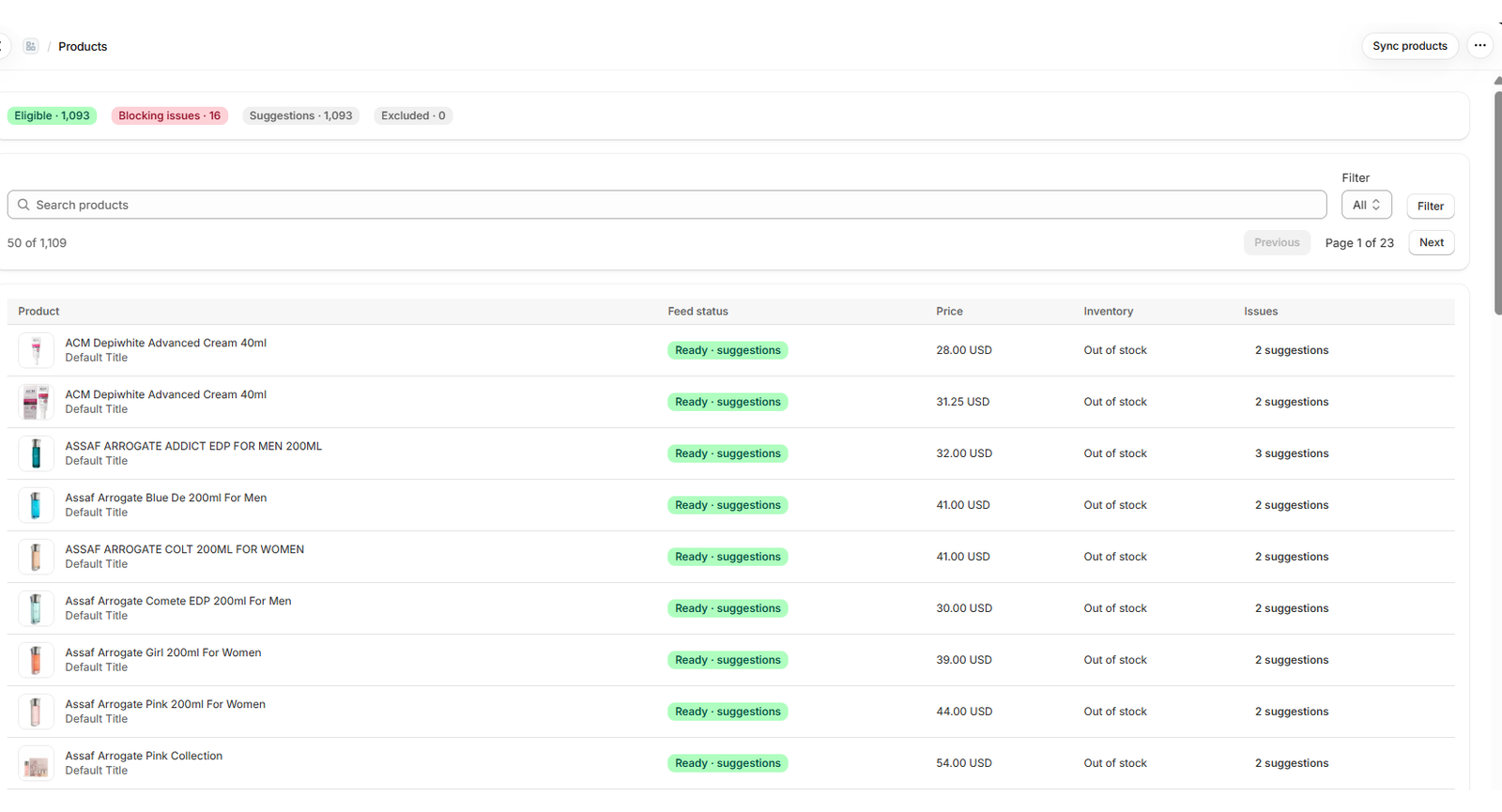 Products page with catalog validation statuses